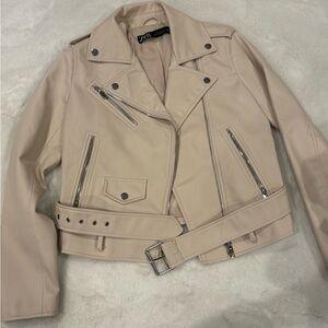 Zara Pale Cream Faux Leather Moto Jacket